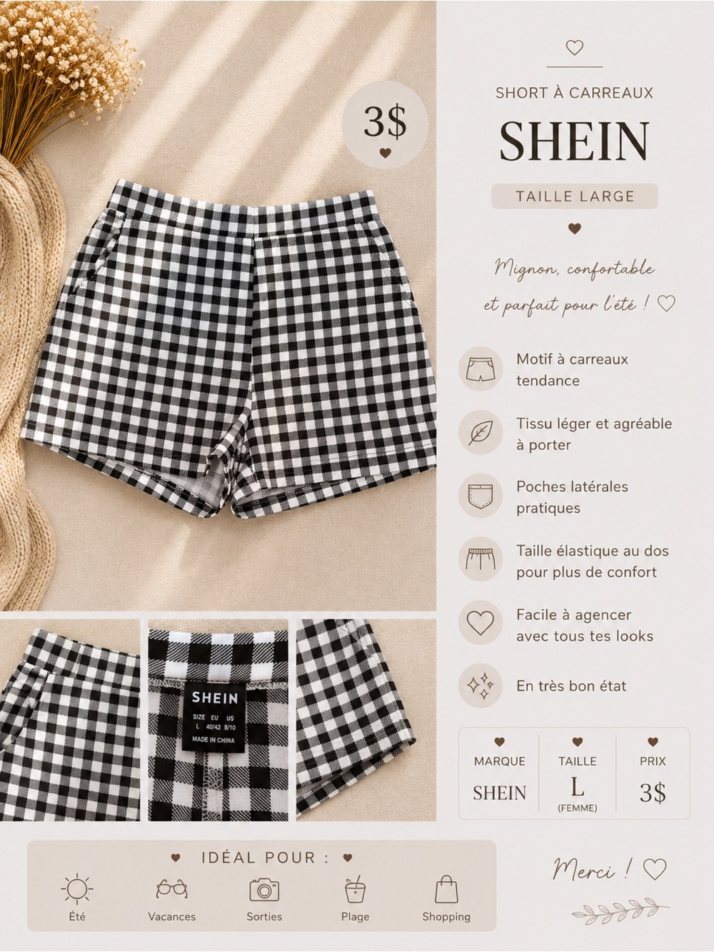 SHEIN Black & White Gingham Women’s Bermuda Shorts